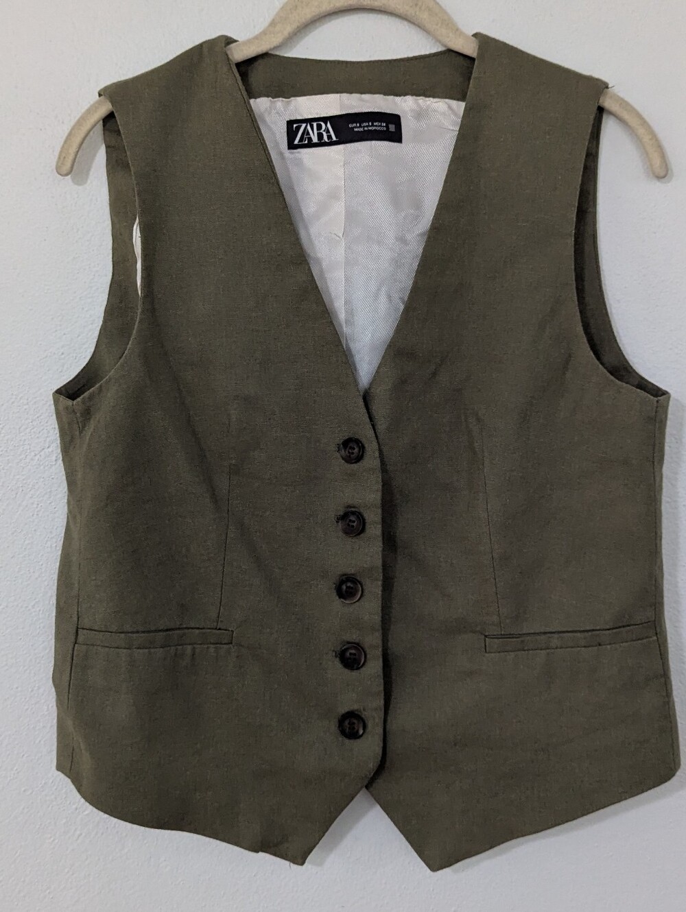Zara Linen Blend Suit Vest Relaxed Fit Button Front Olive Green Small S